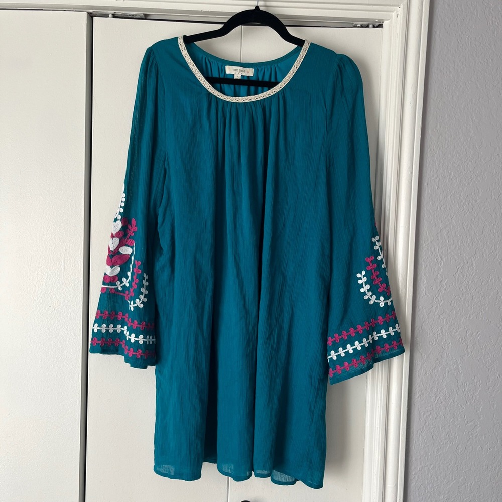 Umgee Embroidered Dress Bell Sleeve‎ Bohemian Teal Mini Dress XL
